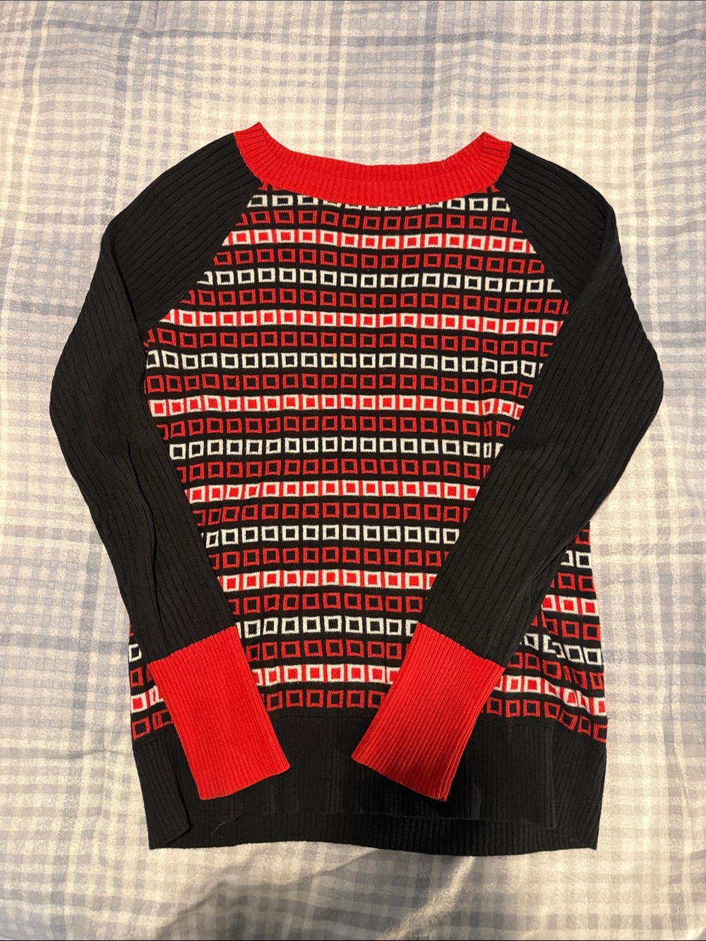 Massimo Black, Red and White Geometric Crewneck Sweater